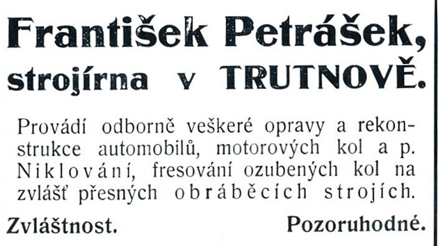 Dobový inzerát upozorňující na výrobu aut v Trutnově.