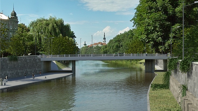 Vizualizace vzhledu mostu na Masarykově třídě po přestavbě v rámci budování protipovodňových opatření. Architektům se nelíbí, vadí jim například výrazná betonová "žebra" konstrukce.