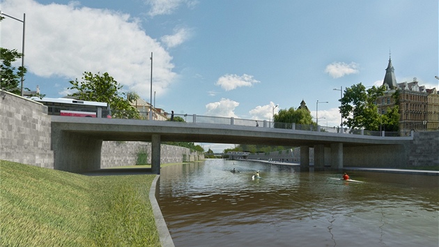 Vizualizace vzhledu mostu na Masarykov tíd po pestavb v rámci budování protipovodových opatení. Architektm se nelíbí, vadí jim napíklad výrazná betonová "ebra" konstrukce.