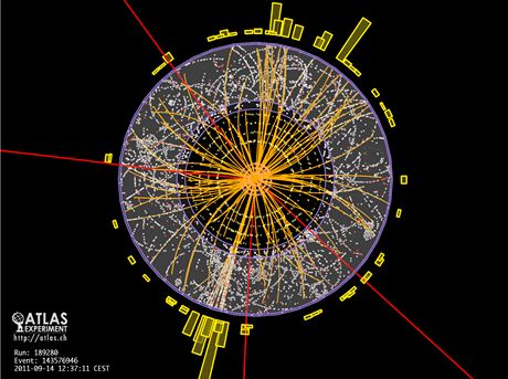 Záznam sráky dvou proton z urychlovae LHC poízený detektorem ATLAS. Je to jeden z typ sráek, pi kterých me vznikat Higgsv boson.