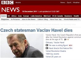 Smrt Vclava Havla m jako hlavn zprvu webov portl televize BBC