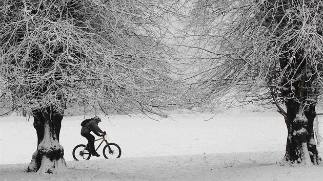 Cyklista projí�dí zasn�eným Lyme Park poblí� Manchesteru. (16. prosince 2011)