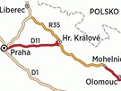 Rychlostní komunikace R35 z Liberce do Olomouce a její plánovaný úsek (na mapce