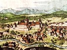 Pohled na obec Lambach s kláterem, mdirytina Matthäuse Meriana z roku 1649