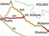 Rychlostn komunikace R35 z Liberce do Olomouce a jej plnovan sek (na mapce