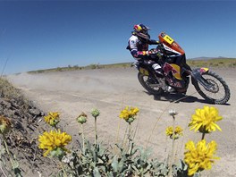 Cyril Despres s motocyklem KTM ve tvrté etap Rallye Dakar. Francouze nic