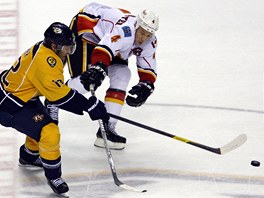 Mike Fisher z Nashvillu (vlevo) se sna uniknout bekovi Calgary Jayi