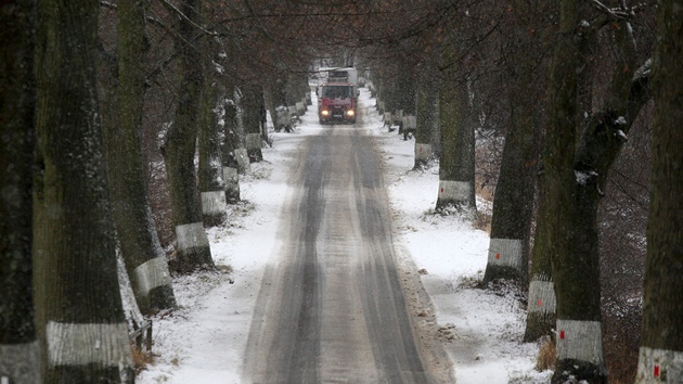 Kamion projídí zasnenou silnicí u Pavlova. (5. ledna 2012)