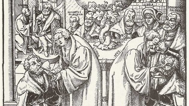 Saský mistr: Martin Luther a Jan Hus podávají pod obojí saským kníatm (3.