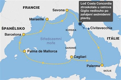 MAPKA: Costa Concordia - okrun plavba Stedomom