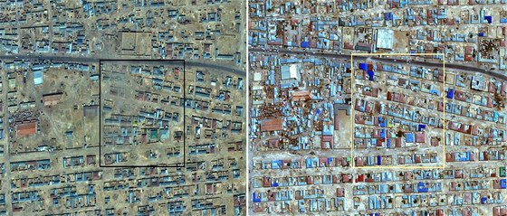 Satelitní snímky centra somálského msta Garowe z let 2002 (vlevo) a 2009.