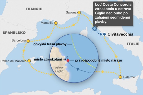 MAPKA: Ztroskotn Costa Concordia