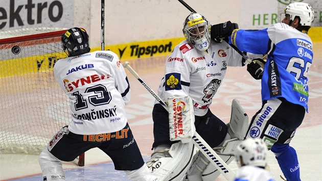 SRÁKA S BRANKÁEM. Plzeský bijec Radek Duda (v modrém) se stetl s libereckým