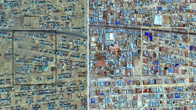 Satelitní snímky centra somálského města Garowe z let 2002 (vlevo) a 2009.