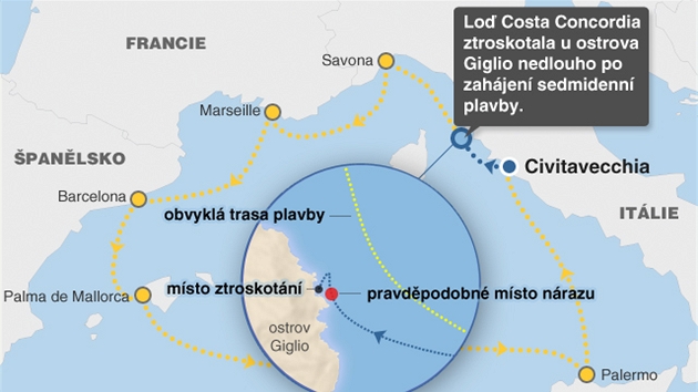 MAPKA: Ztroskotání Costa Concordia