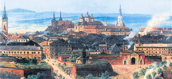 Dobové panorama Olomouce z konce 19. století. Pohled od jihozápadu, vlevo