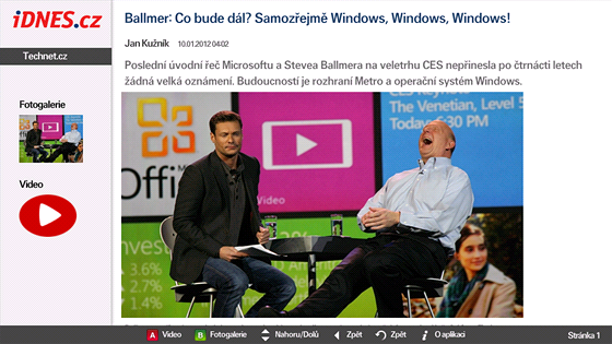 Ukázka z nové aplikace iDNES.cz pro televizory a pehrávae Samsung
