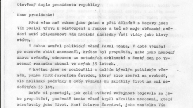 Dopis Rudolfa Berezy prezidentu Husákovi.