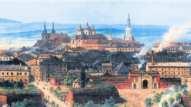 Dobov panorama Olomouce z konce 19. stolet. Pohled od jihozpadu, vlevo radnin v, uprosted kostel sv. Michala. (L. E. Petrovits, 1895)