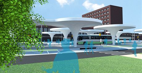 Radnice chce nejdív za výcarské peníze postavit terminál u nádraí, pak za dotace z Unie pesunout autobusové nádraí k Lidlu. Ilustraní vizualizace zamýleného prostoru ped nádraím.   