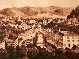 Pohled na Karlovy Vary v roce 1860, hotel Imperial vyrostl později na výšině
