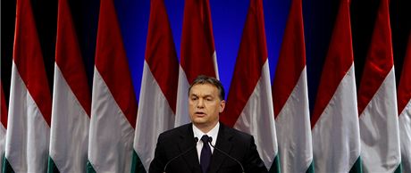 Maarský premiér Viktor Orbán pednáí projev o stavu zem. (10. února 2012)