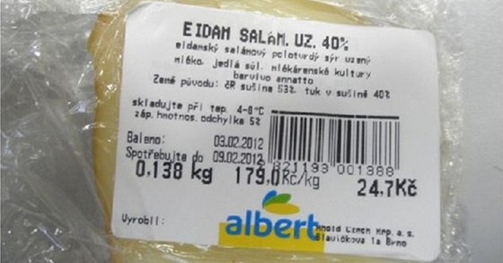 Eidam prodávaný praským obchodem Albert ml pelepené datum spoteby.