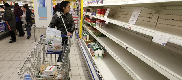 Prázdné regály s vejci v Tesku na pra�ském And�lu (13. 2. 2012)