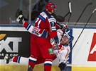 POZOR, PADÁM. eský hokejista Jií Novotný padá na led po zásahu Rusa Burdaova.