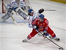CO TE? Kapitán eských hokejist Tomá Rolinek bhem utkání s Finskem.