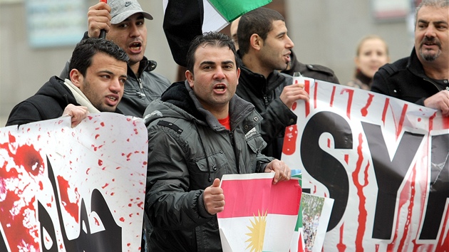 Skupina Sy�an� v pátek protestovala v centru Plzn� proti pom�r�m ve své vlasti.