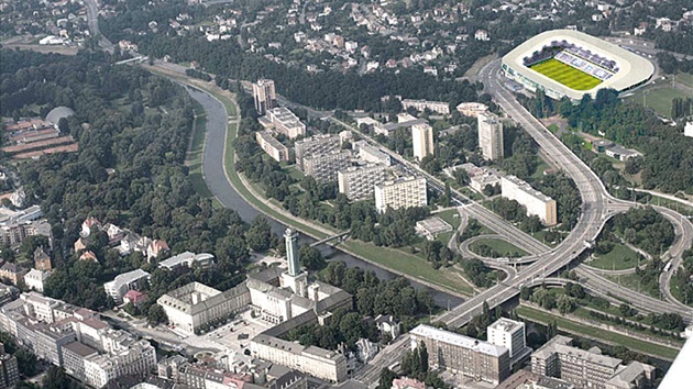 Rekonstruovaná podoba Bazal, fotbalového stadionu Baníku Ostrava. V popedí