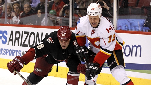 BOJOVNOST. Rostislav Klesla z Phoenixu (vlevo) a Olli Jokinen z Calgary bojují