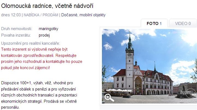 Inzerát, který nabízel k prodeji budovu olomoucké radnice.