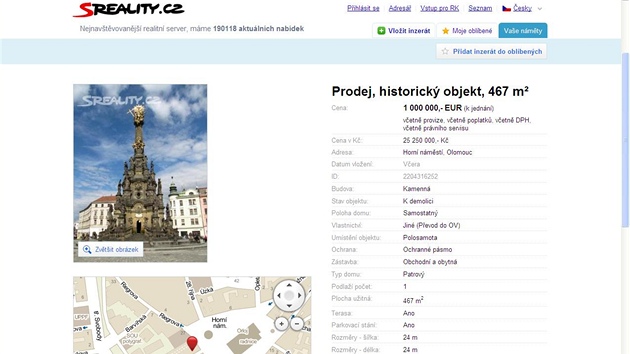 Inzerát, který nabízel k prodeji olomoucký Sloup Nejsvtjí Trojice.