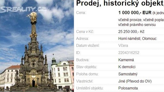 Inzerát, který nabízel k prodeji olomoucký Sloup Nejsvtjí Trojice.