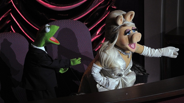 Žabák Kermit a slečna Piggy napjatě sledují vyhlašování výsledků. Snímek Mupeti, ve kterém maňásci hrají, vyhrál Oscara za nejlepší filmovou píseň. 