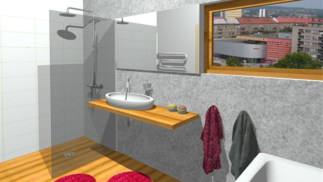 Sprchový kout s odtokovým kanálkem je v levé ásti místnosti.