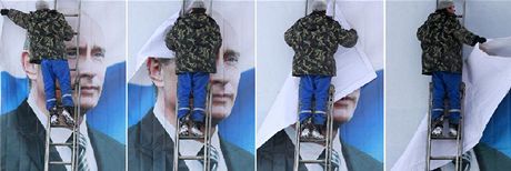 Série fotografií zachycuje sundávání pedvolebního plakátu s Vladimirem Putinem