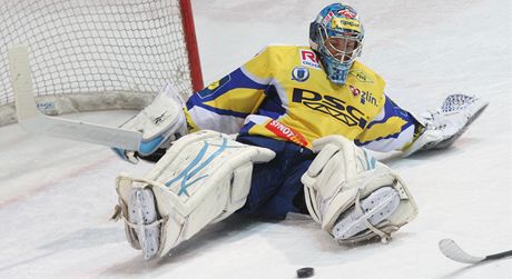 Zlnsk brank Jakub Sedlek v zpase pedkola play-off na led Tince. 