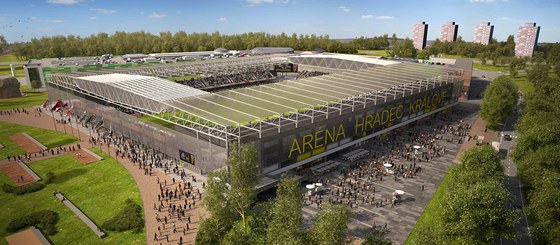 Vizualizace fotbalového stadionu v Hradci Králové spojeného s nákupním centrem.