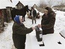 Ruská babika vhazuje svj hlas do mobilní volební urny ve vesnici