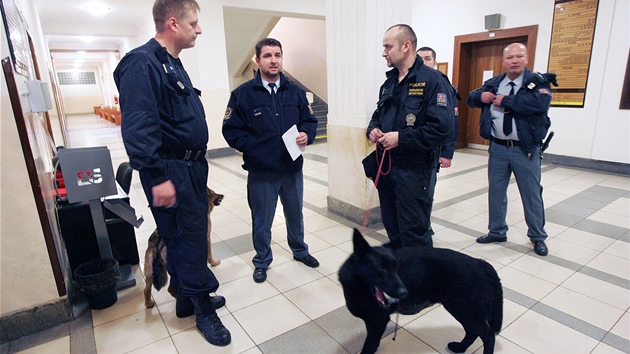 Policist vetn psovoda prohledvali budovu Krajskho soudu v Ostrav. Bombu nenali. (2. bezna 2012)