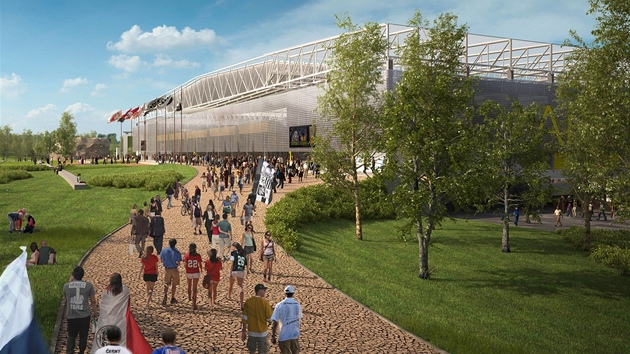 Severní tribuna budoucího hradeckého fotbalového stadionu.