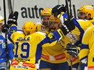 Hokejisté Zlína slaví v pátém tvrtfinálovém zápase extraligového play off gól