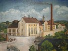 Historická malba zachycující dobrušský pivovar v podobě z třicátých let.