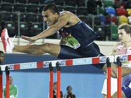 PEKÁKY. Americký víceboja Ashton Eaton pádí do cíle, 60 metr pekáek