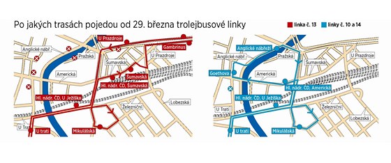 Nov trasy trolejbusovch linek slo 13, 10 a 14. Tudy budou kvli uzavrce v