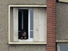 Žena nakukuje směrem k domu, kde se skrývá údajný vrah tří židovských dětí,