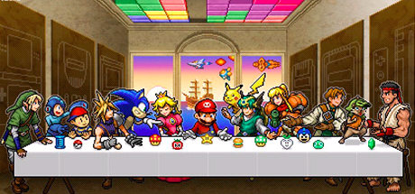 Poslední veee Pán v podání herních postaviek. Zleva: Link , Mega Man, Ness, Cloud, Sonic, Peach, Mario, Pikachu, Solo, Samus, Denim Powell, Felyne, Ryu